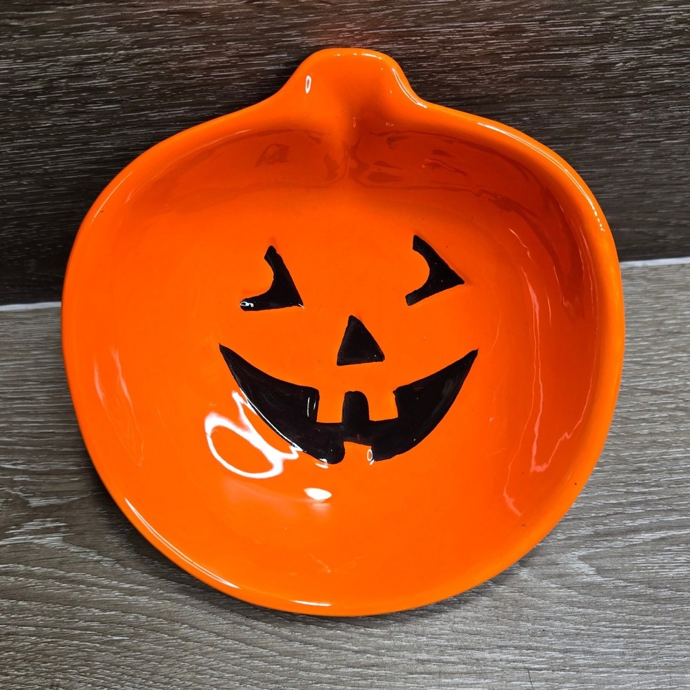 Halloween Jack O Lantern Pumpkin Ceramic Serving Bowl Orange Black Candy Dish